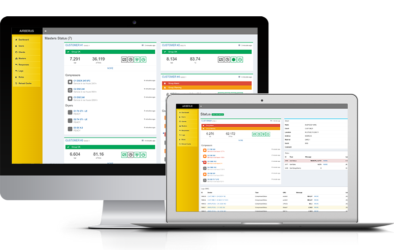 Dashboard Airberus na monitore a notebooku: kompresorové stanice, tlak a teplota, alarmy