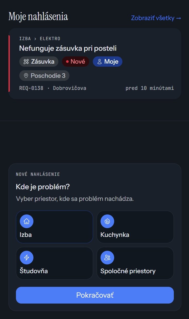Pohľad ubytovaného v Intraku s kartou nahláseného problému